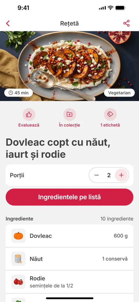 Rețeta „Dovleac copt cu năut, iaurt și rodie”, cu numărul de porții și butonul „Ingredientele pe listă”