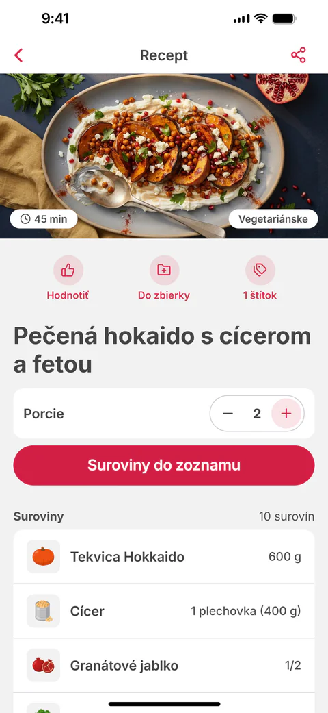 Recept „Pečená hokaido s cícerom a fetou“ s počtom porcií a tlačidlom „Suroviny do zoznamu“
