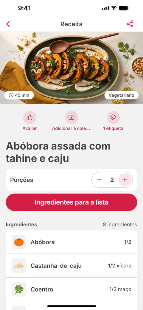 A receita Abóbora assada com tahine e caju, com as porções e o botão “Ingredientes para a lista”