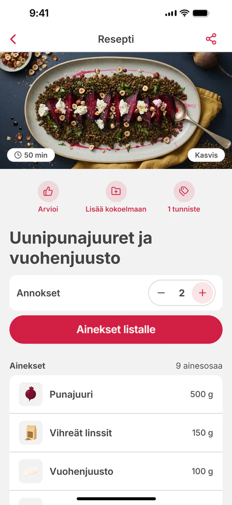 Resepti ”Uunipunajuuret ja vuohenjuusto”, sen annosmäärä ja painike ”Ainekset listalle”