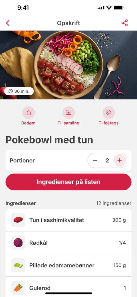 Opskriften »Pokebowl med tun« med portioner og knappen »Ingredienser på listen«