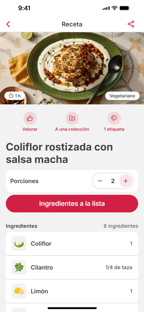 La receta Coliflor rostizada con salsa macha, con sus porciones y el botón “Ingredientes a la lista”