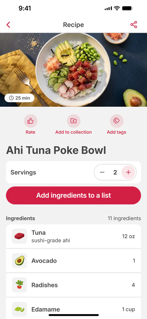 The Ahi Tuna Poke Bowl recipe with servings and “Add ingredients to a list”