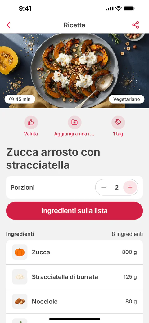 La ricetta Zucca arrosto con stracciatella, con le porzioni e “Ingredienti sulla lista”