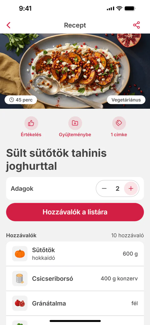 A „Sült sütőtök tahinis joghurttal” recept az adagok számával és a „Hozzávalók a listára” gombbal