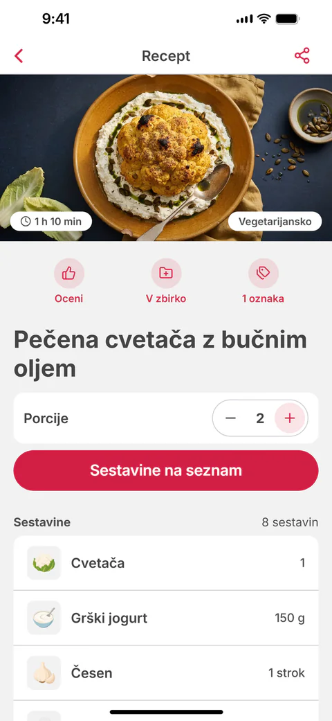 Recept „Pečena cvetača z bučnim oljem“ s porcijami in gumbom „Sestavine na seznam“