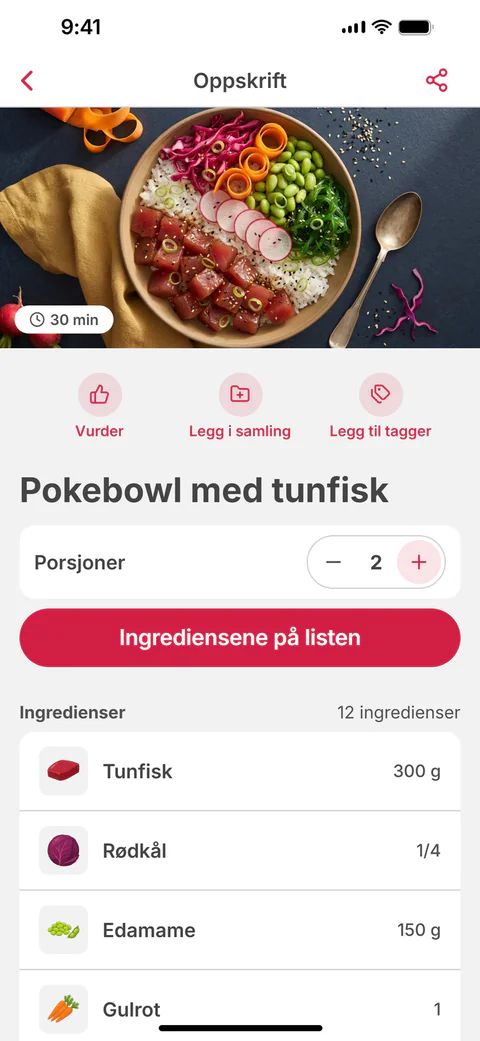 Oppskriften «Pokebowl med tunfisk» med porsjoner og knappen «Ingrediensene på listen»