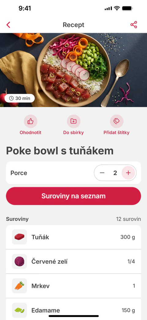 Recept „Poke bowl s tuňákem“ s počtem porcí a tlačítkem „Suroviny na seznam“