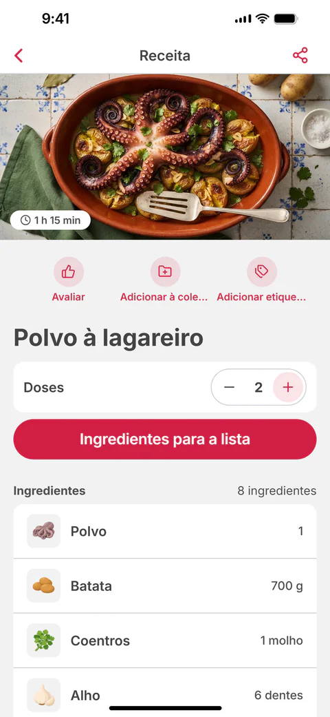 A receita Polvo à lagareiro, com as doses e o botão «Ingredientes para a lista»