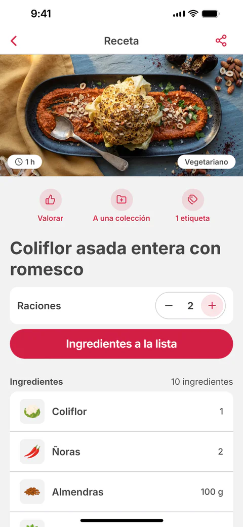 La receta «Coliflor asada entera con romesco», con sus raciones y el botón «Ingredientes a la lista»
