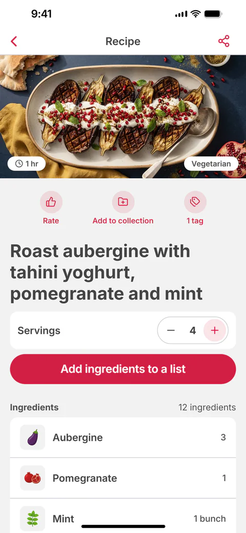 The recipe for roast aubergine with tahini yoghurt, with servings and “Add ingredients to a list”
