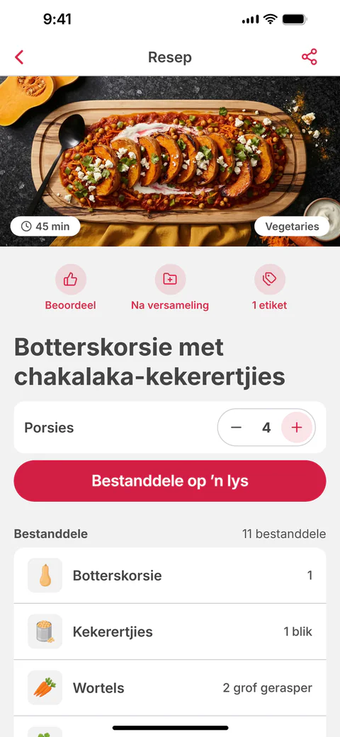 Die resep vir Botterskorsie met chakalaka-kekerertjies, met die porsies en “Bestanddele op ’n lys”