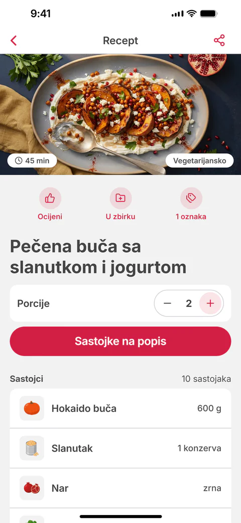 Recept „Pečena buča sa slanutkom i jogurtom” s brojem porcija i gumbom „Sastojke na popis”