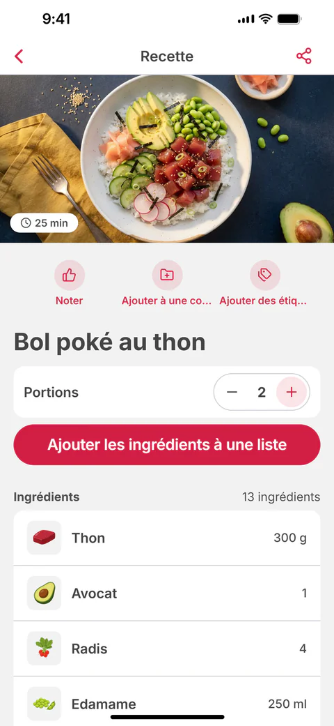 La recette Bol poké au thon, avec ses portions et le bouton « Ajouter les ingrédients à une liste »