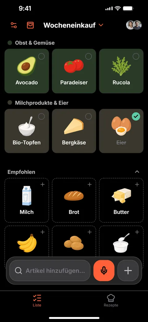 App-Screen: Einkaufsliste, dunkel