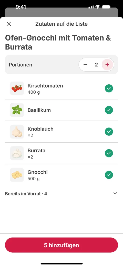 App-Screen: Zutaten auf die Liste setzen