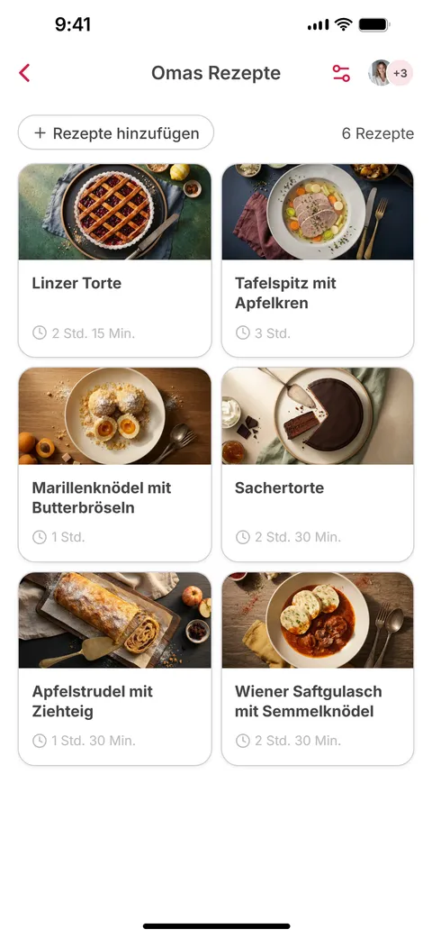App-Screen: Omas Rezepte als Sammlung